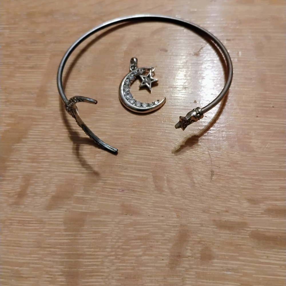 Silver Crescent Moon and Star Bangle Bracelet